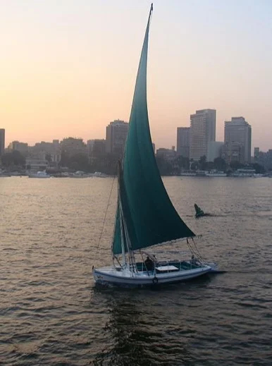 A felucca (traditional sailboat) cruises the Nile.