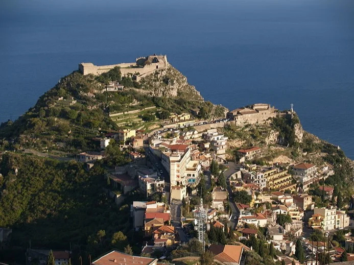 Aerial view of Monte Tauro and the medieval castle perched at its peak