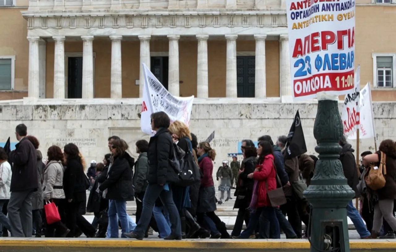 Peaceful protesters march in Athens