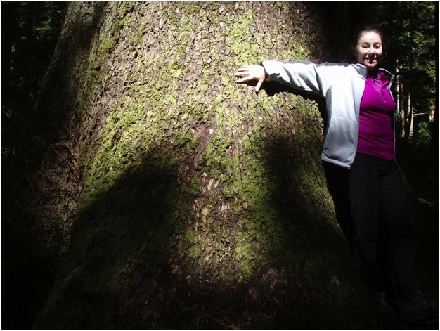Guide Elizabeth with one of Vancouver Island's giant trees