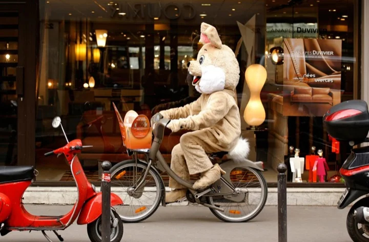 Even the Easter Bunny looks like a Parisian when riding a bike