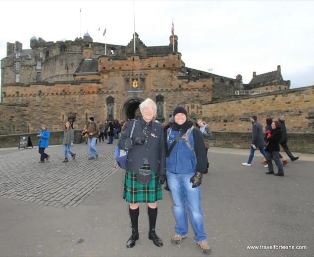 Martin in front of Edinburgh Castle with a TBL client from "Travel for Teens"
