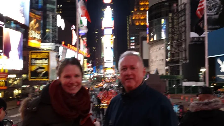 Blurry Sara and David stunned by the bright lights at Times Square