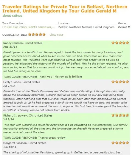 Recent reviews for guide Gerald in Belfast, Ireland