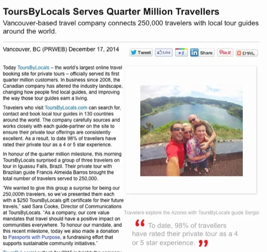 Screenshot of today's news release