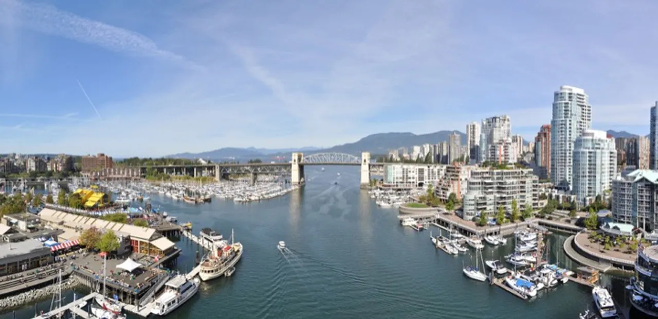 Granville Island (left) from the Granville St. Bridge.