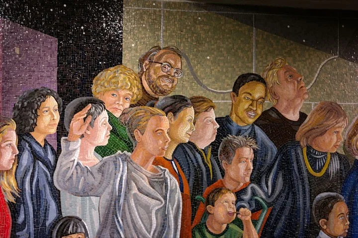 A piece of "The Return of Spring/The Onset of Winter" mural by Jack Beal, seen at the Times Square subway station in Manhattan.