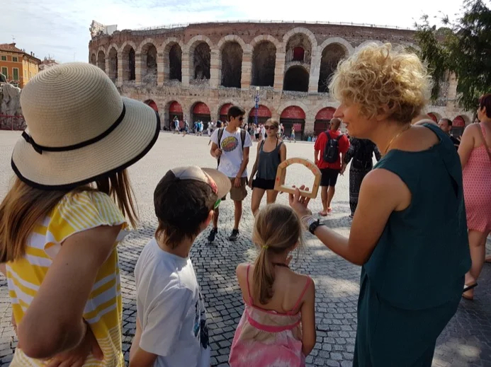 Learning about arches in front of Verona's Roman Arena