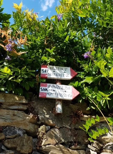 Trail signs mark the way from Corniglia to Manarola, via the high route.