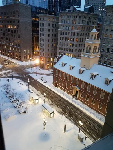 Snowy Boston from the hotel room window