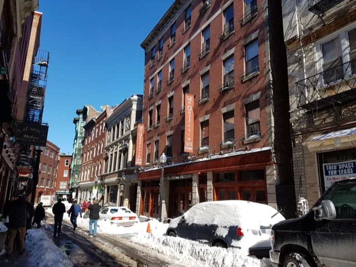 Snowy streets in Boston's North End