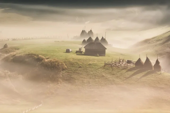 Misty mountain landscape in Romania. Fundatura Ponorului, Hunedoara County, Romani