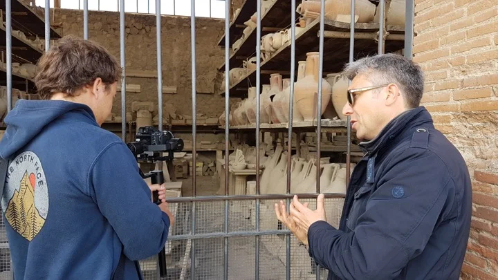 Giuseppe on camera in Pompeii