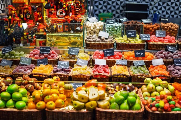 Candy shop at Boqueria market place in Barcelona, Spain