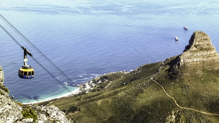 Top down view from Table Mountain of a cable car