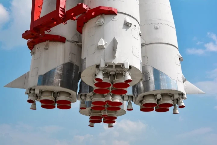 The world's first manned space rocket "Vostok" at an exhibition in Moscow