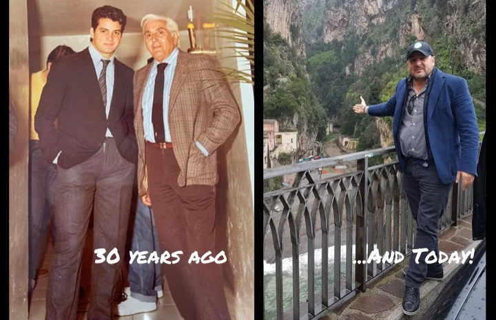 Carmine at the start of his guiding career, and today, on the Amalfi Coast above Positano