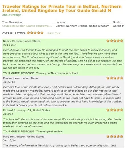 Recent reviews for guide Gerald in Belfast, Ireland