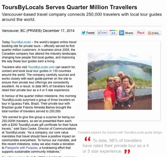 Screenshot of today's news release
