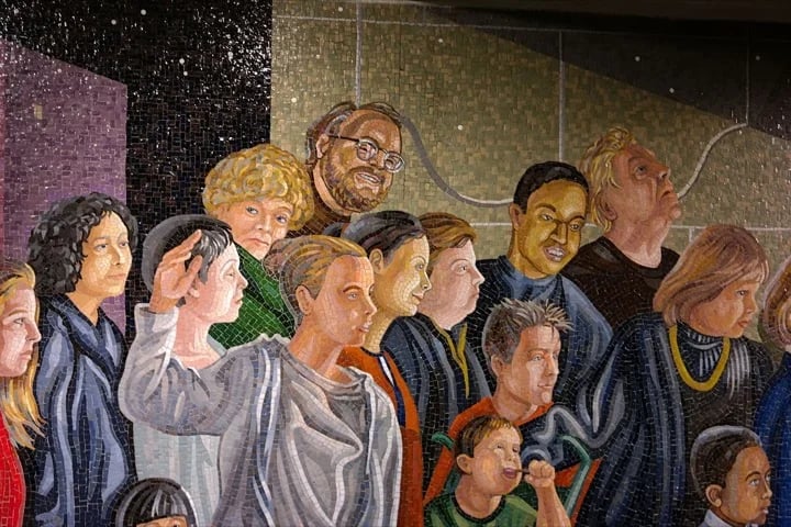 A piece of "The Return of Spring/The Onset of Winter" mural by Jack Beal, seen at the Times Square subway station in Manhattan.