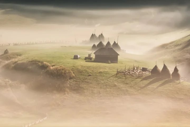 Misty mountain landscape in Romania. Fundatura Ponorului, Hunedoara County, Romani