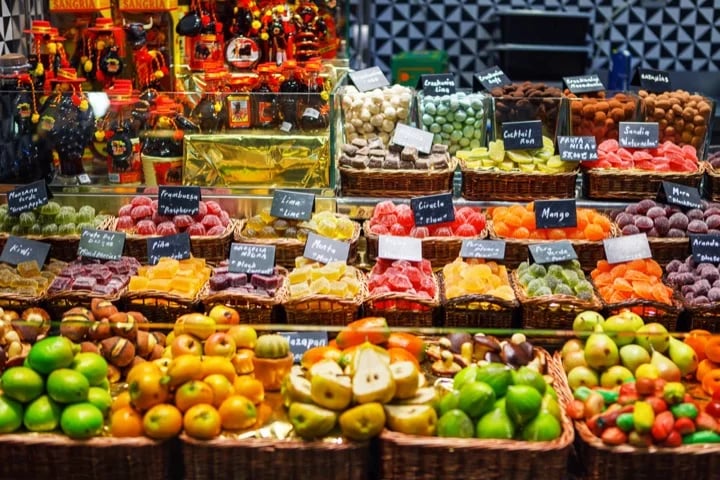 Candy shop at Boqueria market place in Barcelona, Spain