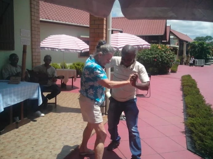 My guest is from USA. Dancing at artisan Hotel in Ambositra. a local band was playing music for us. It gave us time to wait for our lunch