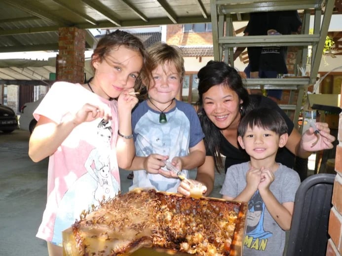 Tasting stingless bee honey direct from the hive with guests from New Zealand