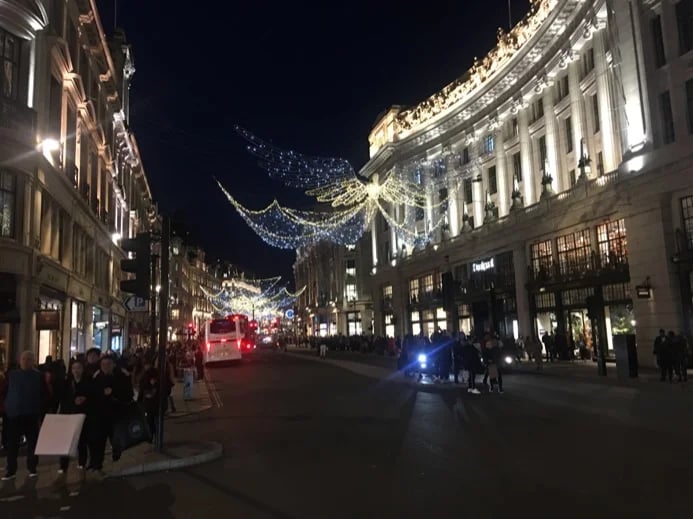 Christmas time in London's Regent Street. Its looking festive! A place to shop till you drop!