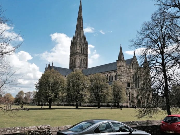 Salisbury Cathedral (Built 1220-1258). Easy to visit by train or vehicle from London on a " day return basis". Arguably the most beautiful of all the many medieval cathedrals in the UK