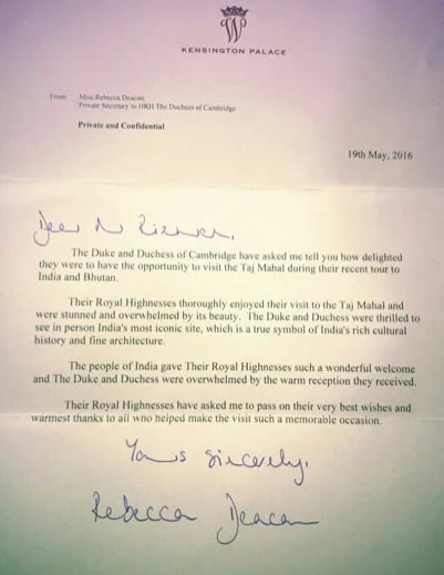Appreciation letter from Kensington Palace