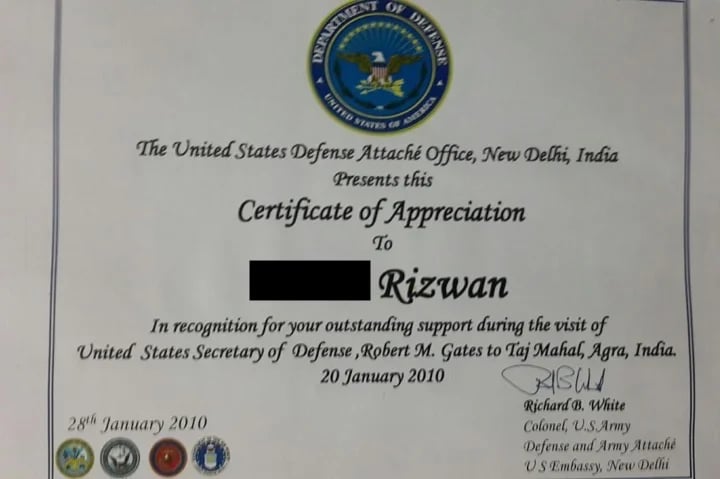 Appreciation certificate by US Embassy