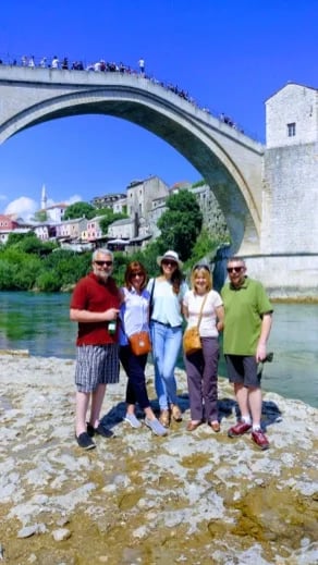 With Kelvin,Margaret,Alison&Paul in Mostar..what a great day! Don't worry about the guy up on the brige-it is just a performance :-) !!