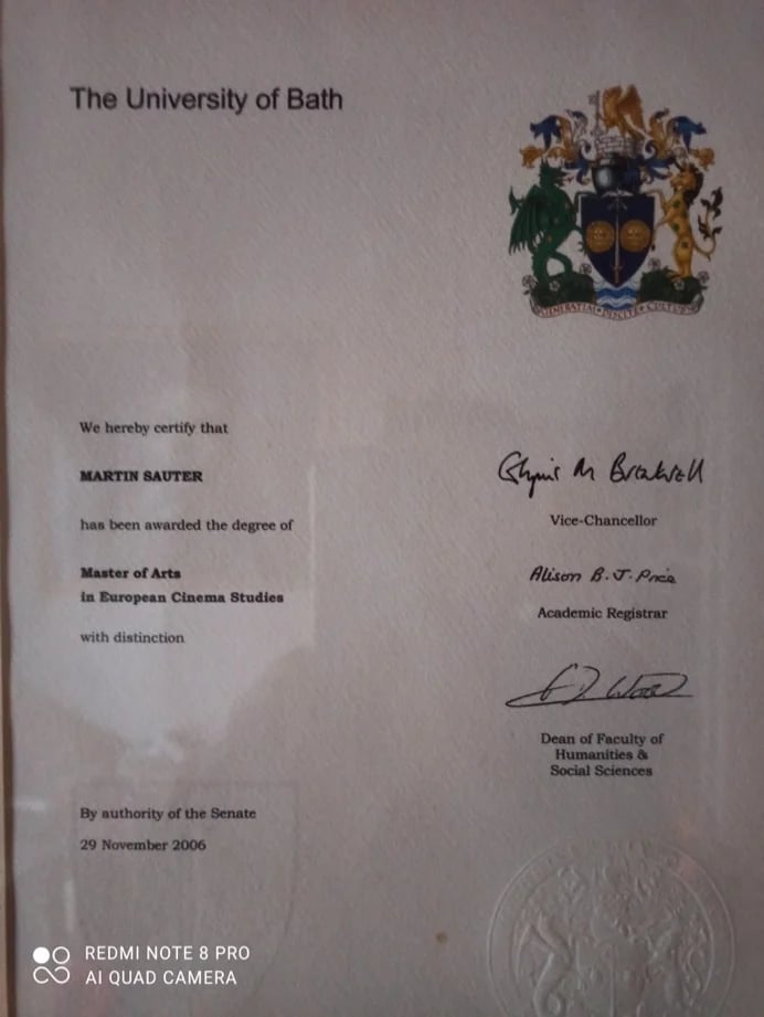 Master's Degree diploma, Bath University/ UK