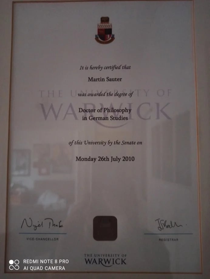 PhD diploma from Warwick University