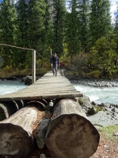 Crossing the bridge to Karakol gorge. Amazing view is in front