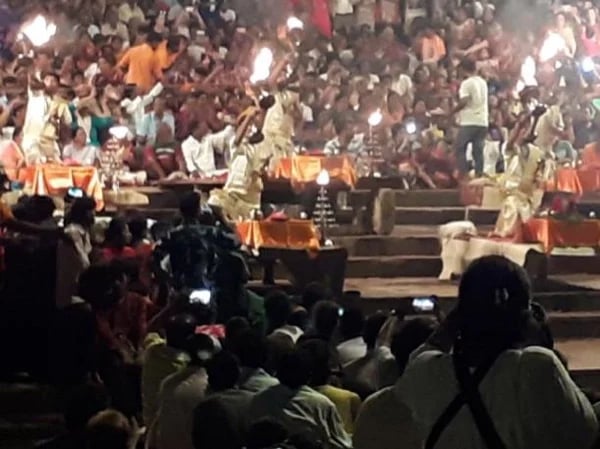 Evening Light Ceremony on the Bank of the River Ganga in Varanasi - The famous GANGA AARTI ceremony.