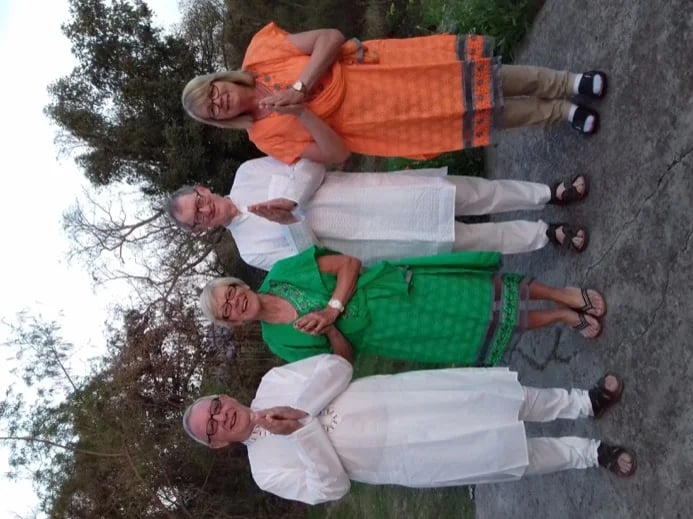 Tri color clothing during the village home stay in kangra valley near Dharamshala