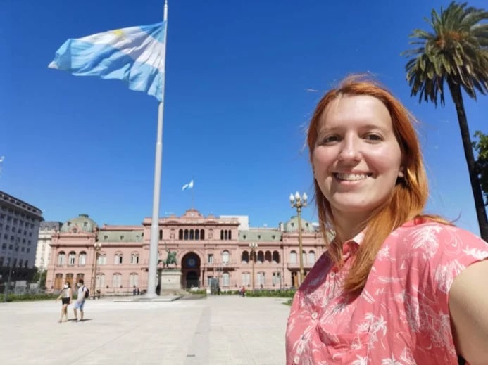 At the Plaza de Mayo, with the beautiful Pink House (Argentinian Goverment House) behind me.