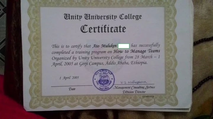 Certificate I received from Unity University
