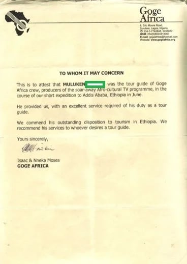 Letter of recommendation I get from Goge Africa TV Channel