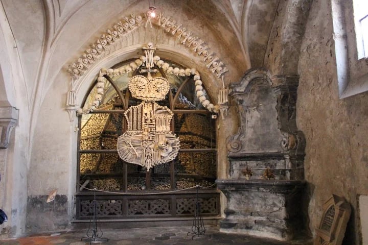 Ossuary or Bone Church in Kutná Hora decorated with thousands of bones, which have been stored in the local cemetery for centuries