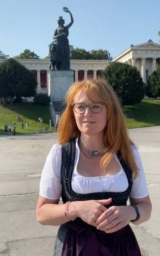 In front of the statue of Bavaria on an empty Oktoberfest ground