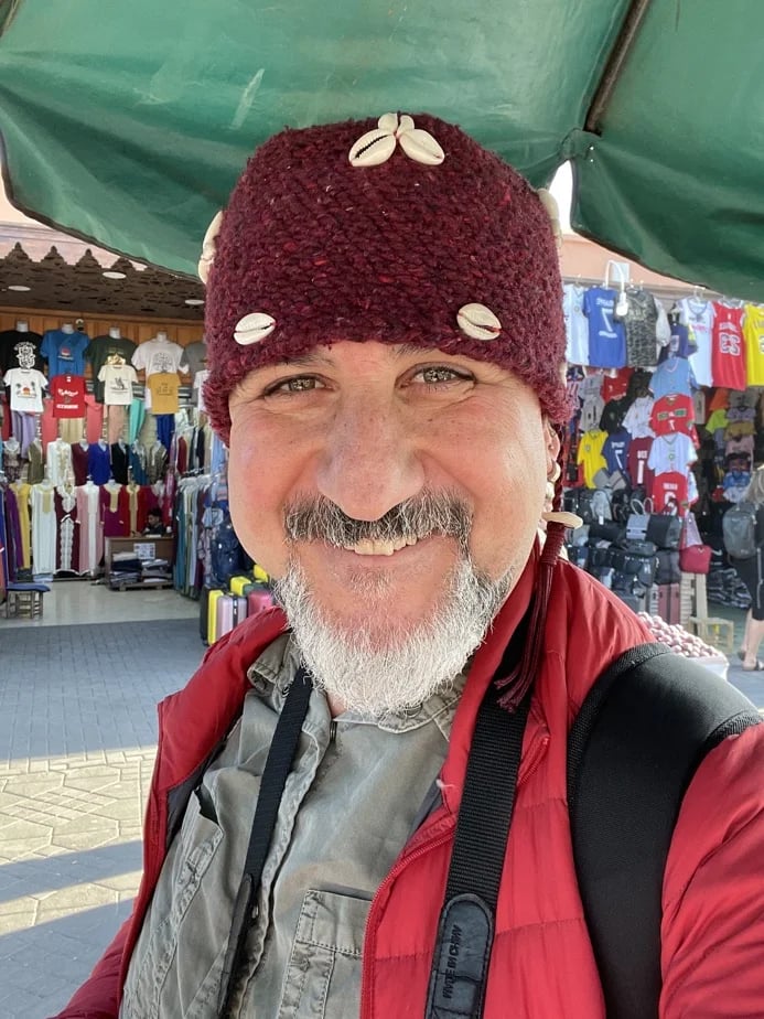 With a traditional Moroccan beanie in Marrakech