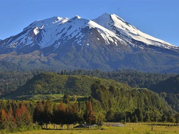 Calbuco Volcano Hiking excursion at Llanquihue National Reserve Lake District North Patagonia Chile.