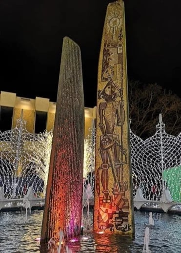 Three mosaic monoliths and circular rim with 26 arches at Centennial Park, downtown Victoria. Artwork depicts the three fundamental stages of every man's life.