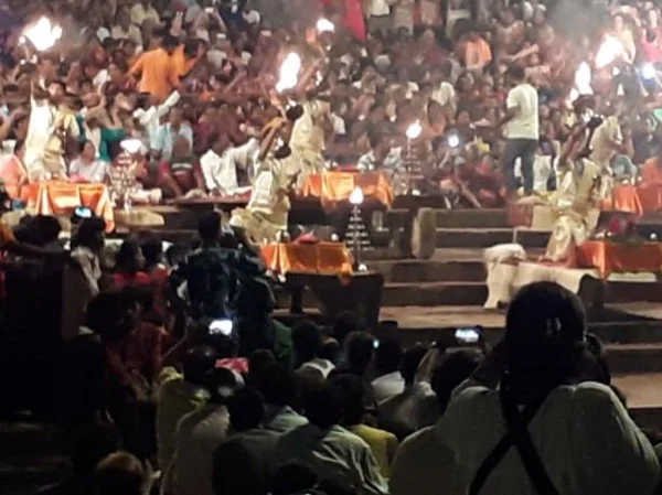 Evening Light Ceremony on the Bank of the River Ganga in Varanasi - The famous GANGA AARTI ceremony.